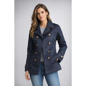 Tommy Hilfiger Women’s Navy Blue Trench Coat Double Breasted Gold Button Jacket